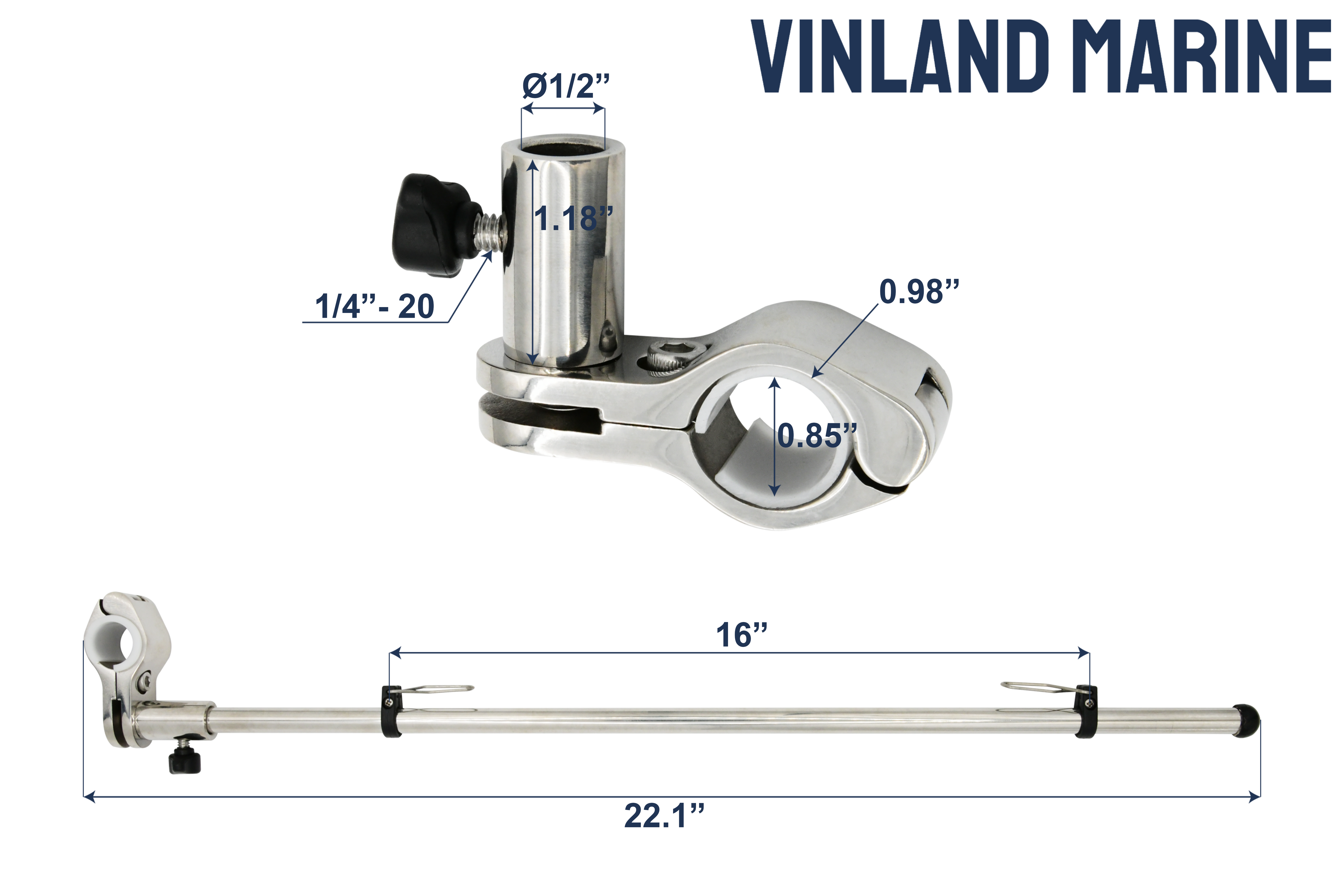 Vinalnd Marine Removable Flag Pole Clamp on Base 304 Stainless Steel Dimensions