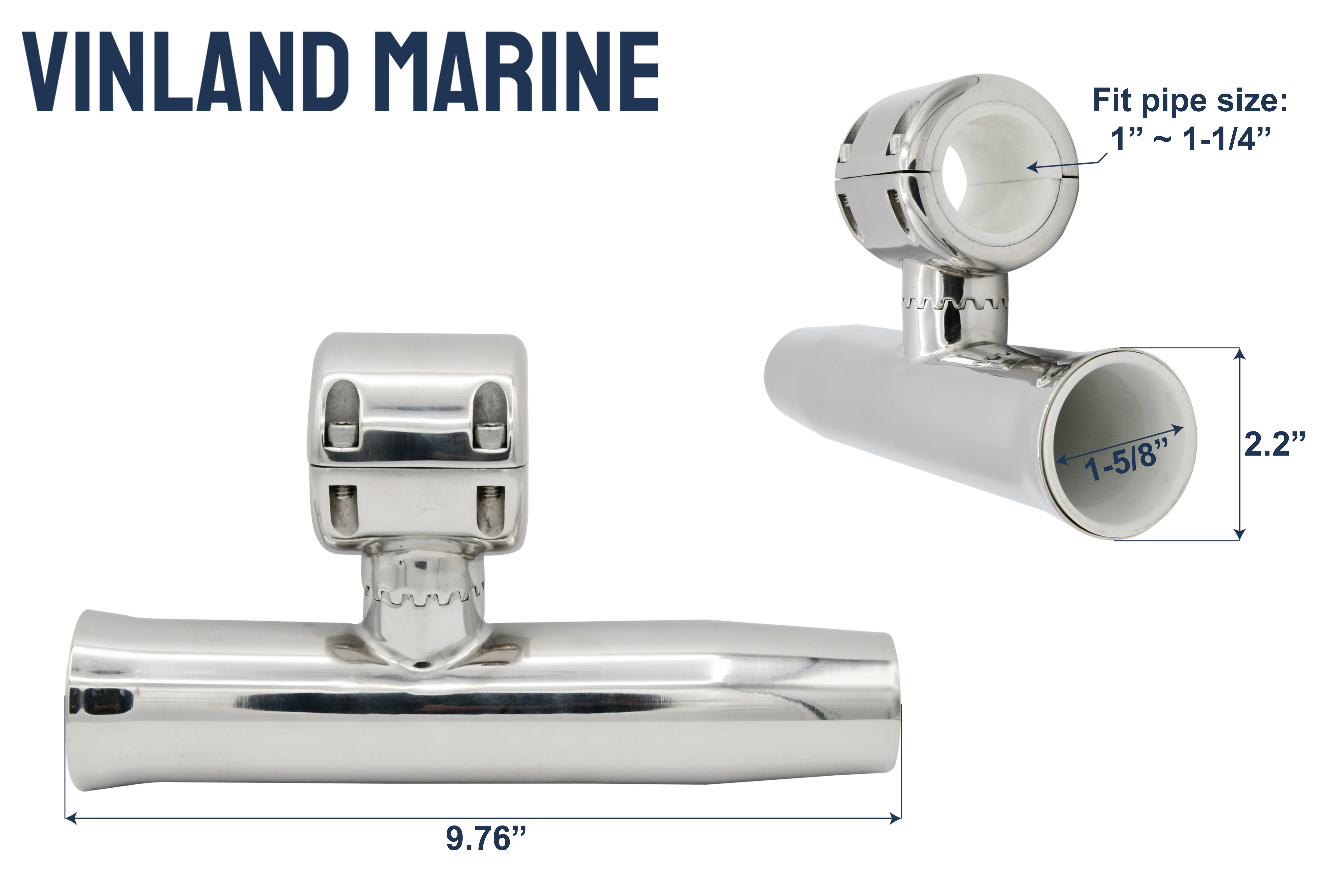 Vinland Marine 304SS Clamp On Rod Holder for Ø1-1/2"~1-5/8" Dimensions View (S4625LN)