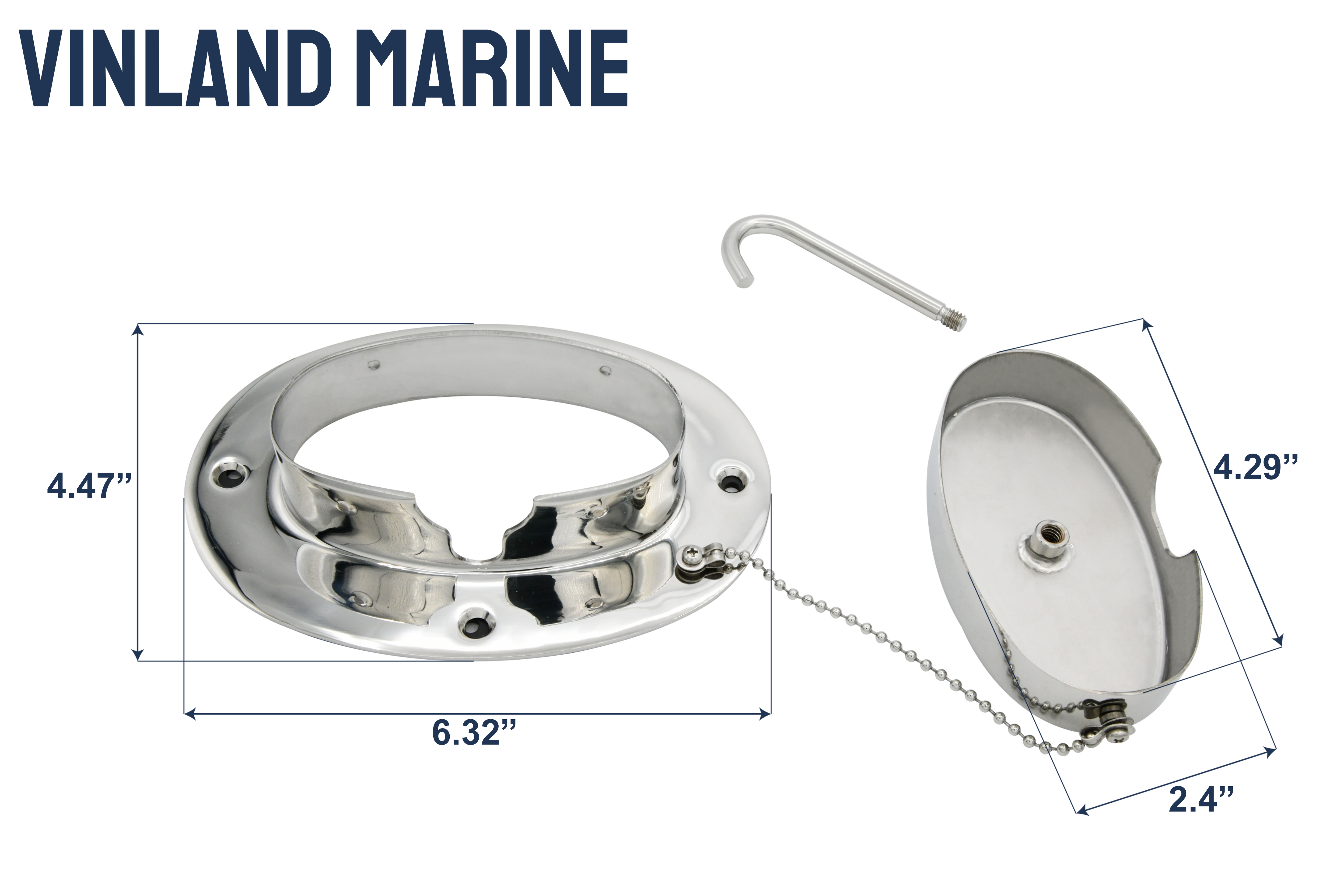 Vinland Marine 304SS Hinged Oval Chain & Rope Deck Pipe w/ Hook Dimensions View (S4838)
