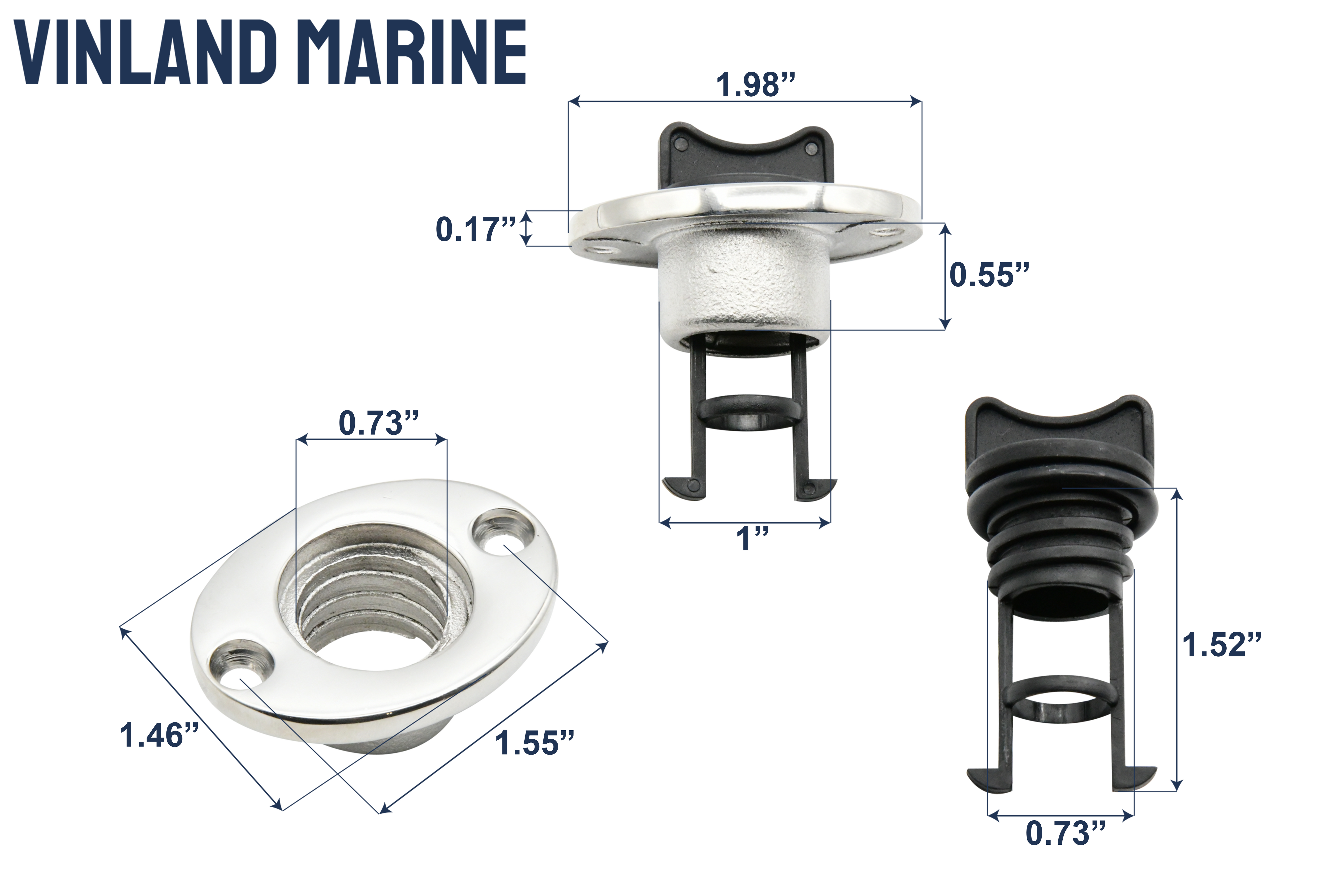 Vinland Marine 316SS Oval Flange Receiver w/Black Nylon Drain Plug Dimensions View (S4834AP)