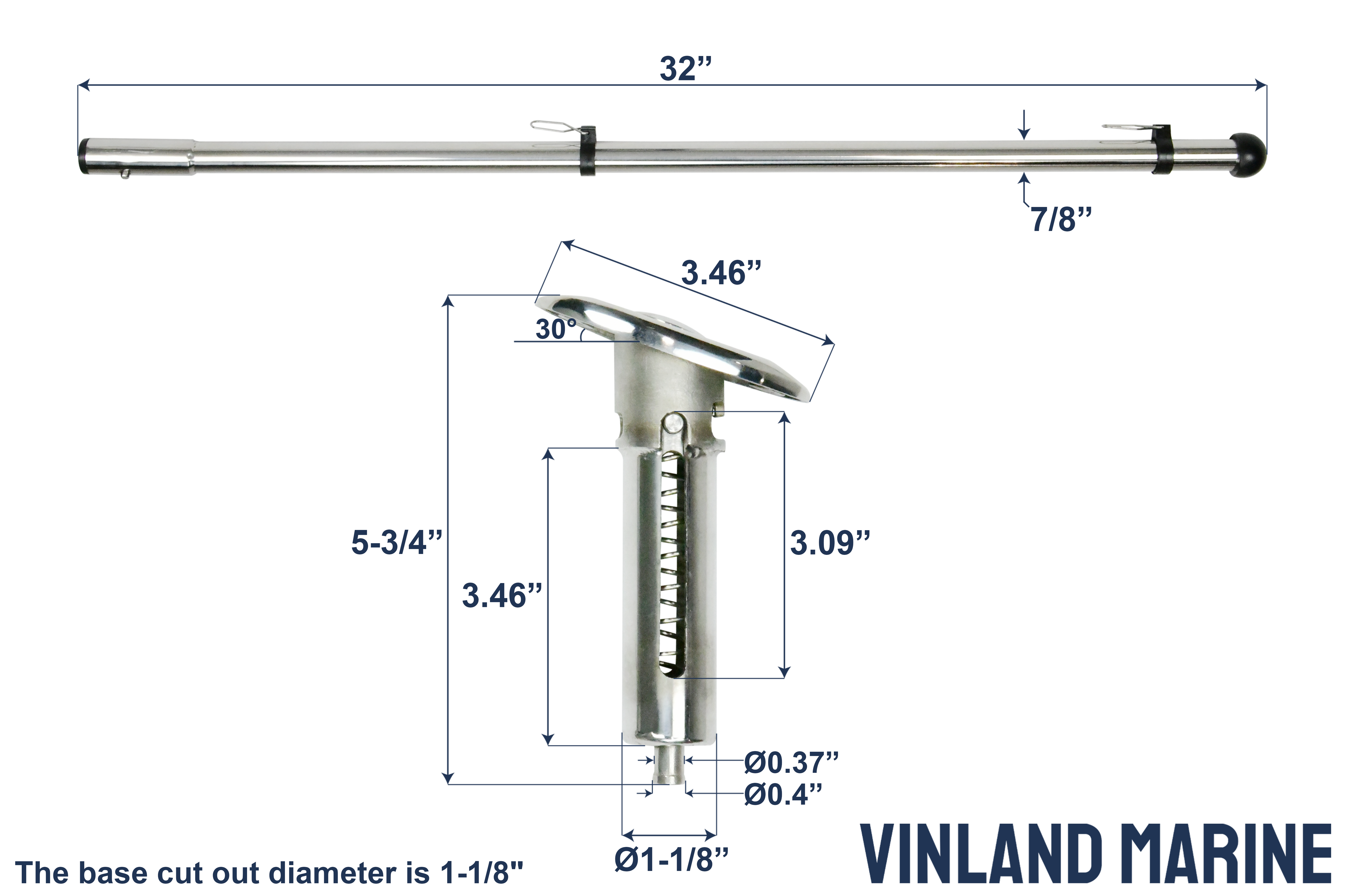 Vinland Marine 32" Flagpole with Angled 30° Flush Mount Base w/Adjustable Flag Clamp, Base+Flagpole Dimensions View (A7939SY1)