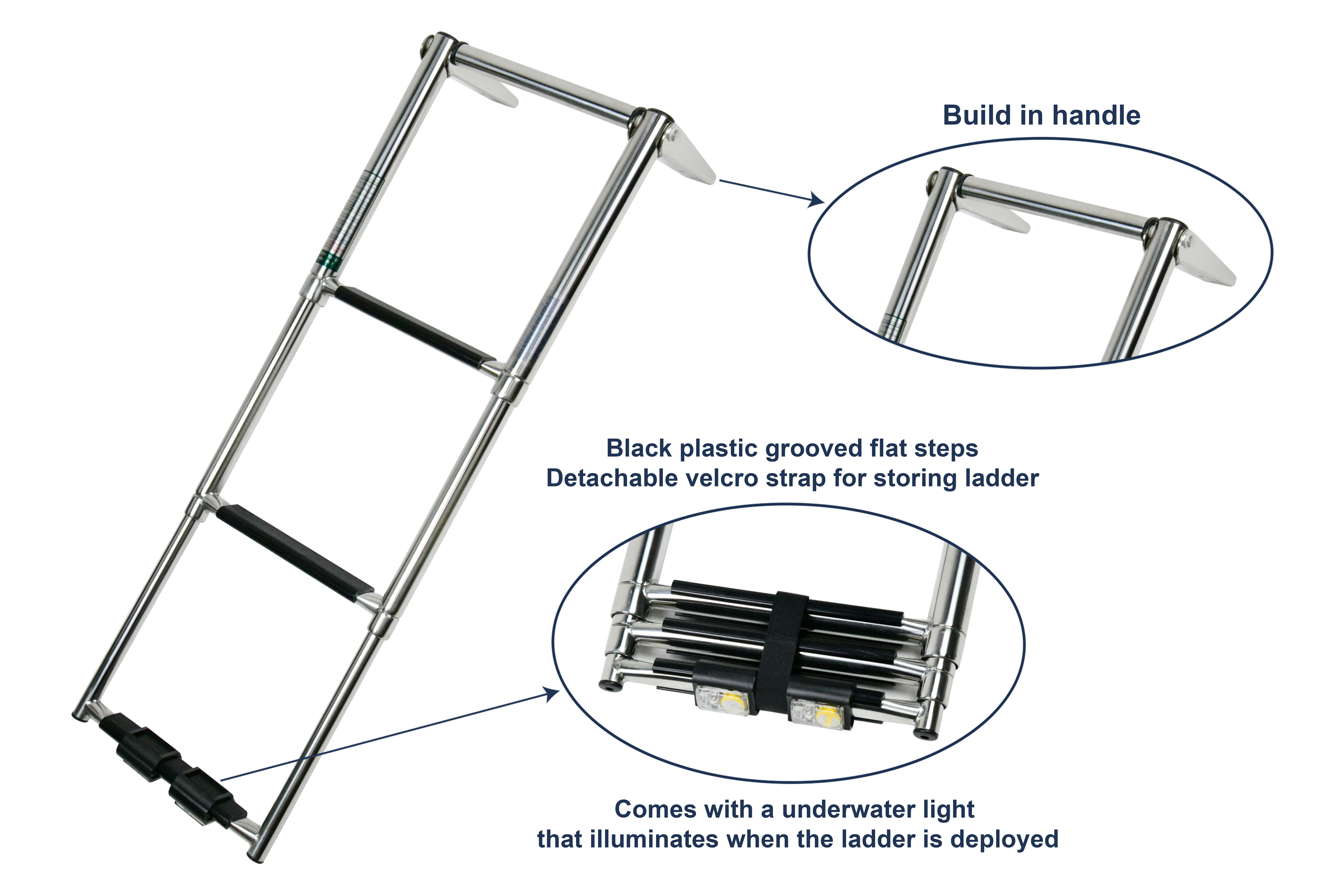 Vinland Marine Over Platform 3-step Telescoping Ladder 304 Stainless Steel with Grab Rail
