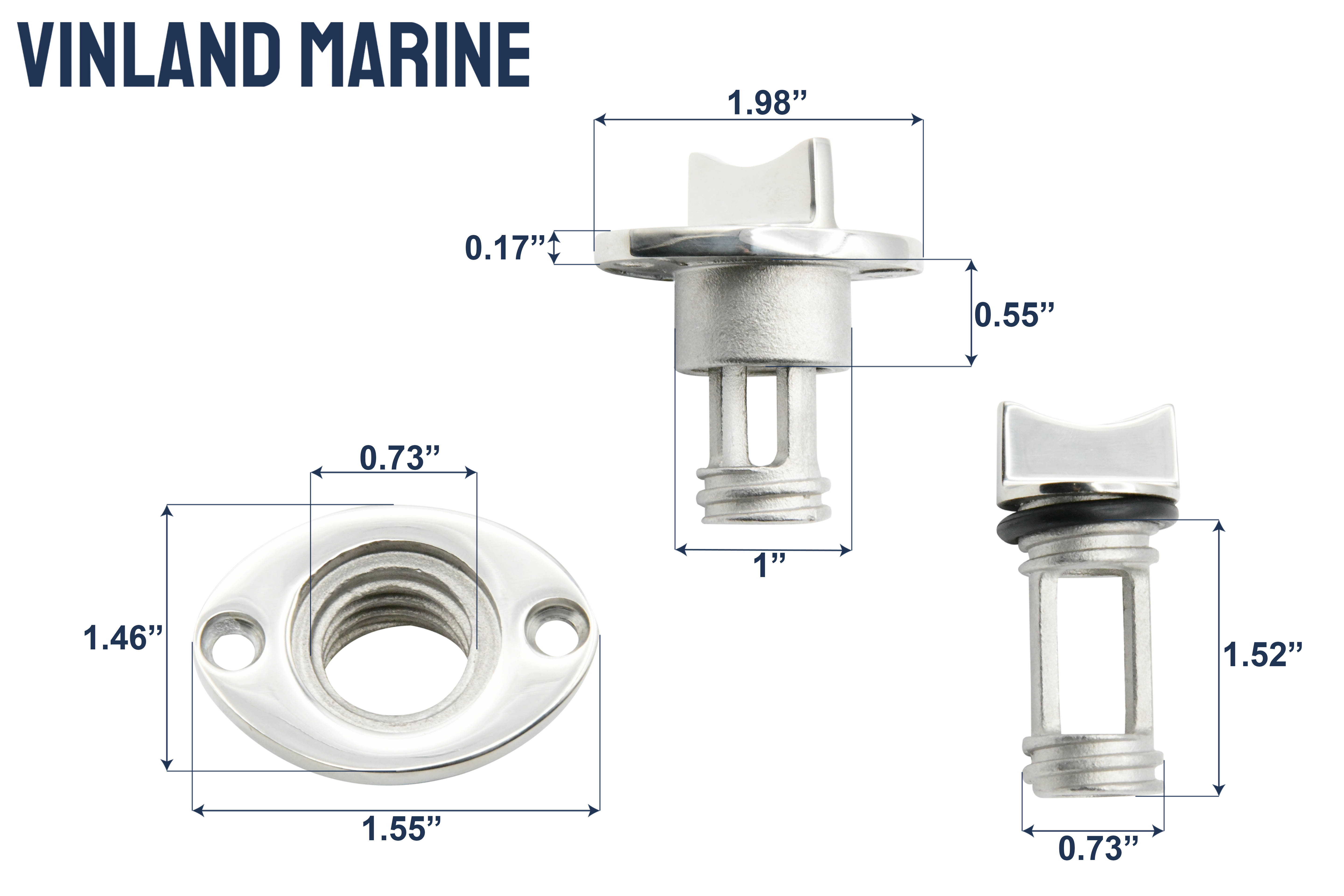 Vinland Marine Receiver Ø2" Oval Flange w/Ø3/4" Drain Plug Dimensions View (S4834A)