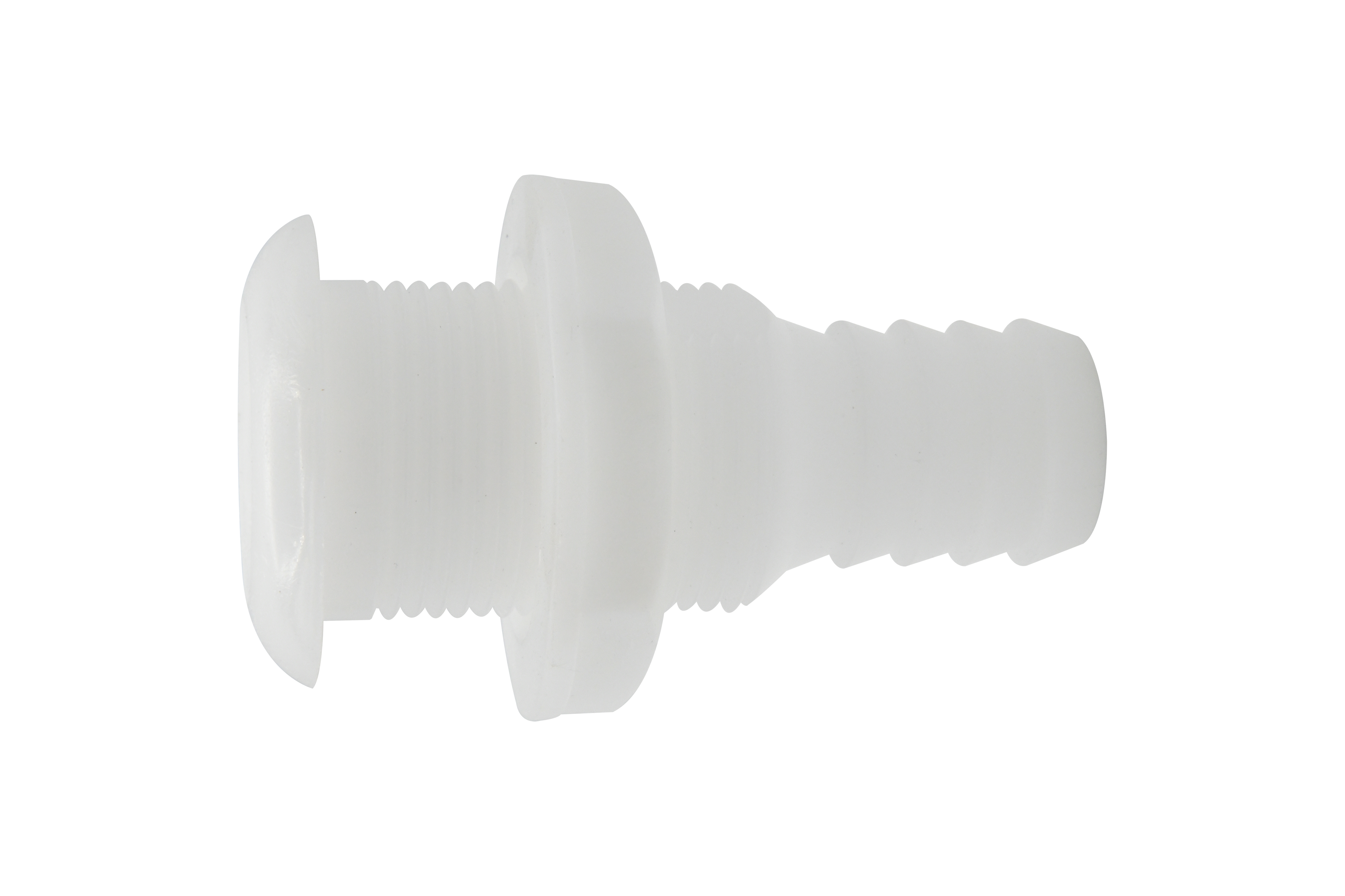 Vinland Marine White Delrin Plastic Thru-Hull Ø1" hose; 3-3/8” depth Laid Flat View 2 (P4858W)