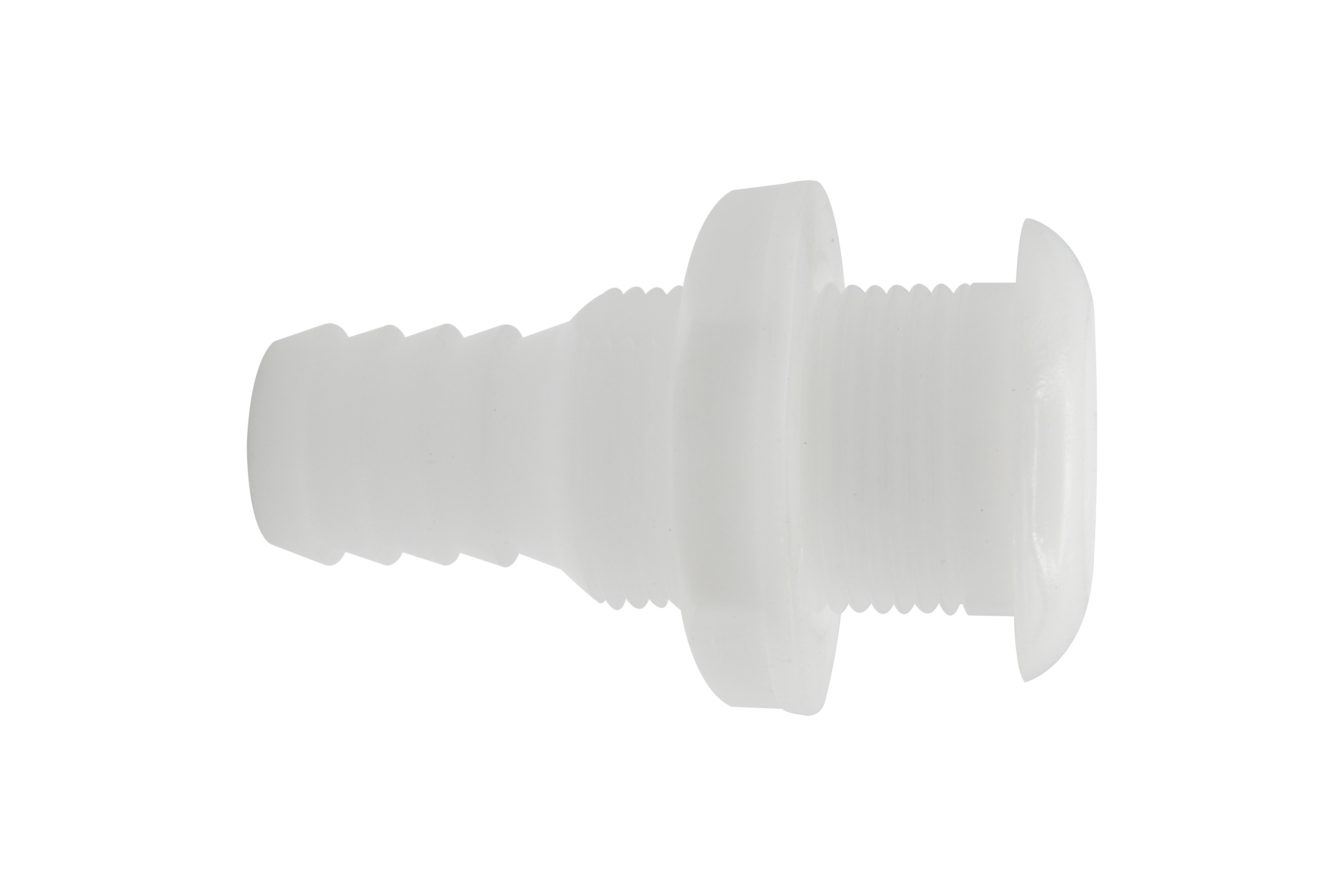 Vinland Marine White Delrin Plastic Thru-Hull Ø1" hose; 3-3/8” depth Laid Flat View (P4858W)
