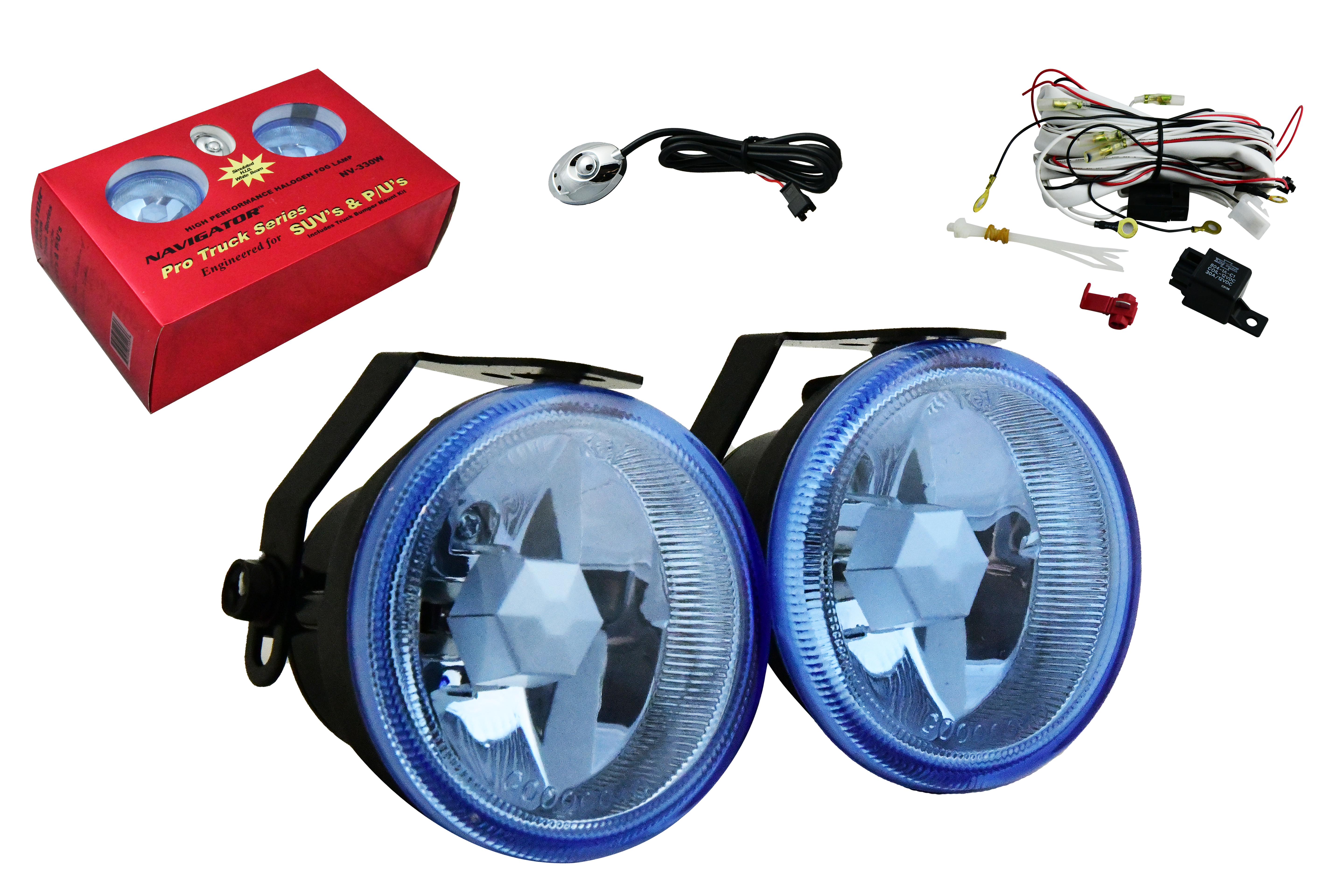 Navigator NV-330W 3" Round 55 Watt S.A.E. Halogen Fog Lights Kit components