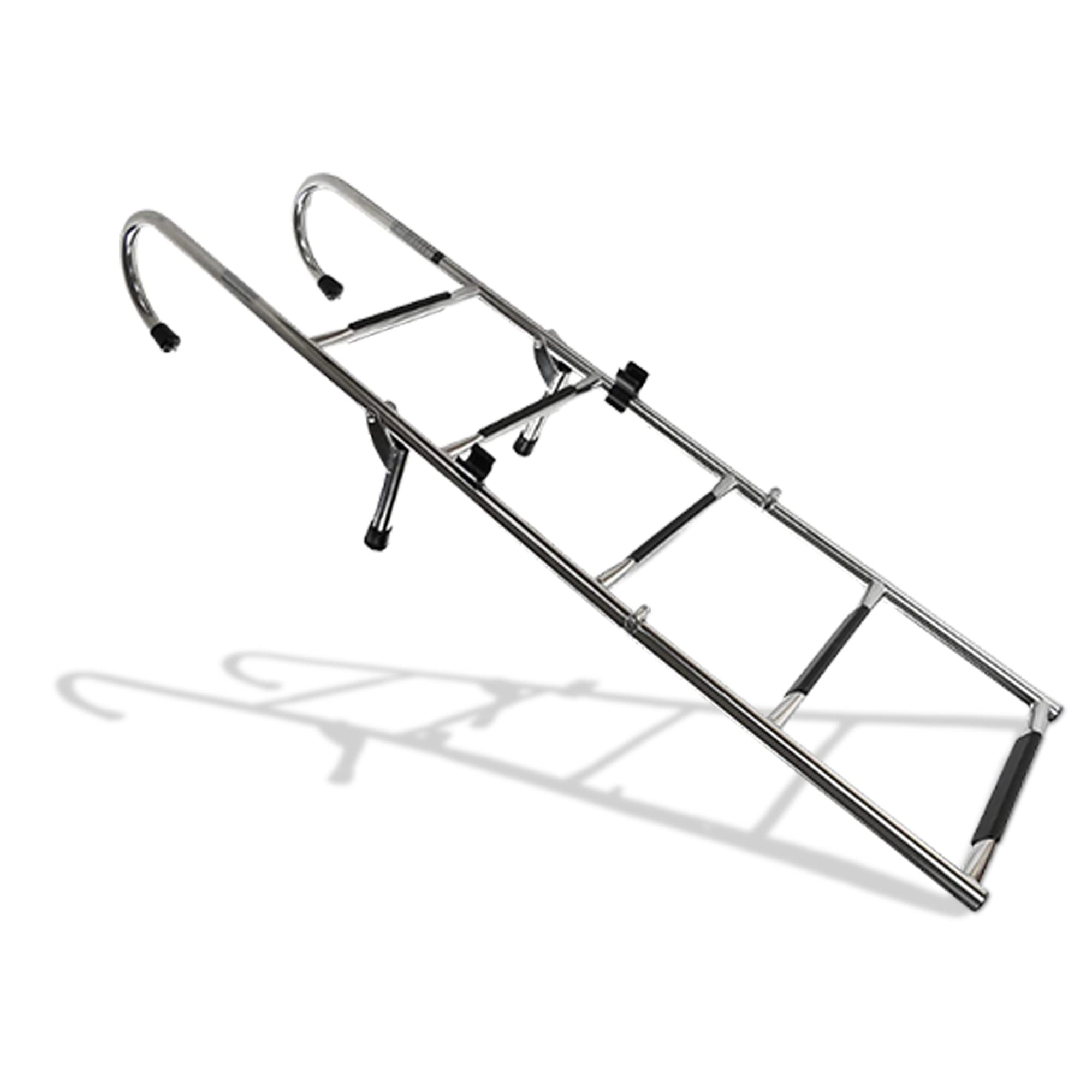 Vinland Marine Foldable Detachable Stainless steel marine boat ladder with 5 steps, curved top handles, and adjustable attachments, Deployed