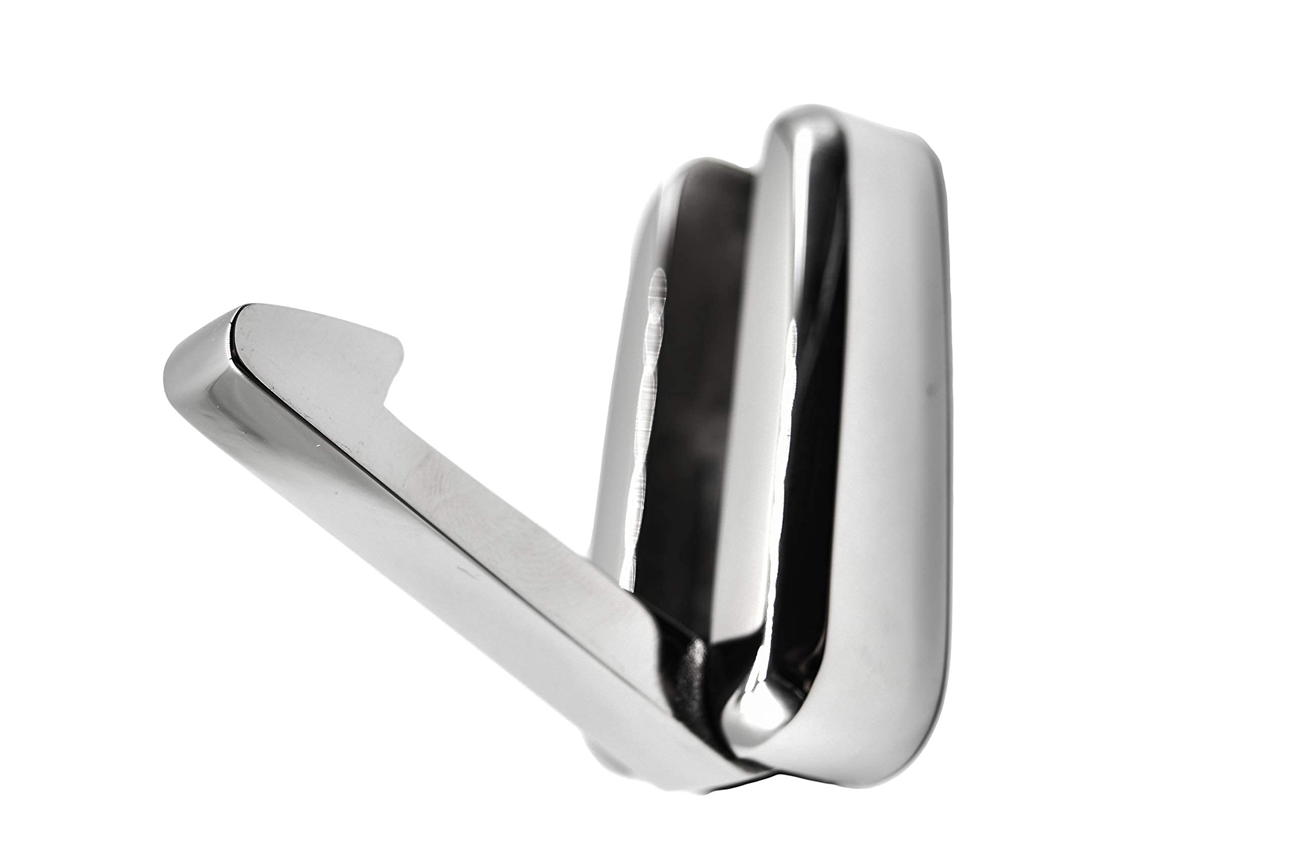 Close-up view of Vinland Marine's polished stainless steel folding coat hook opened.