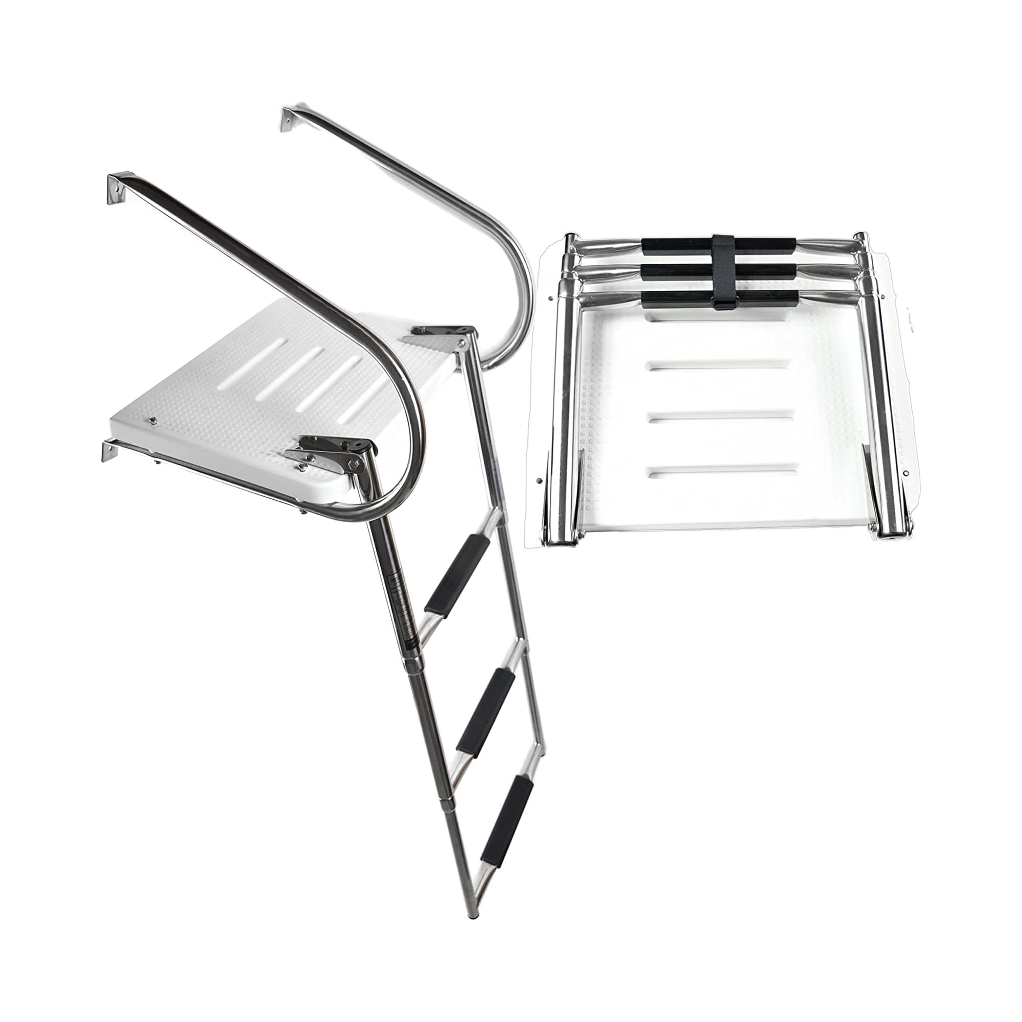 Vinland Marine White Swim Platform 3-Step telescoping Ladder deployed and folded double handrail