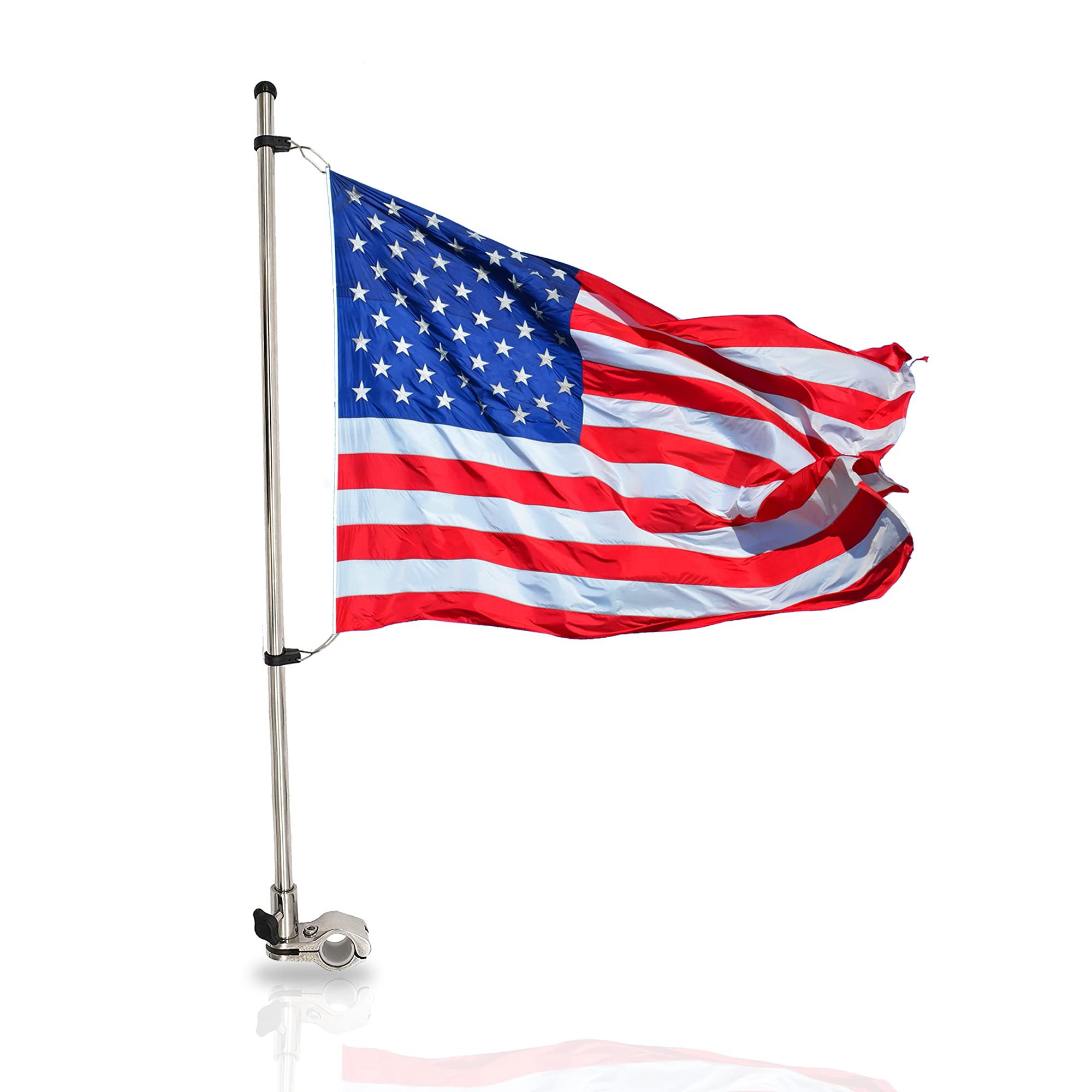 Vinland Marine's stainless steel clamp-on flagpole holding a waving American flag.