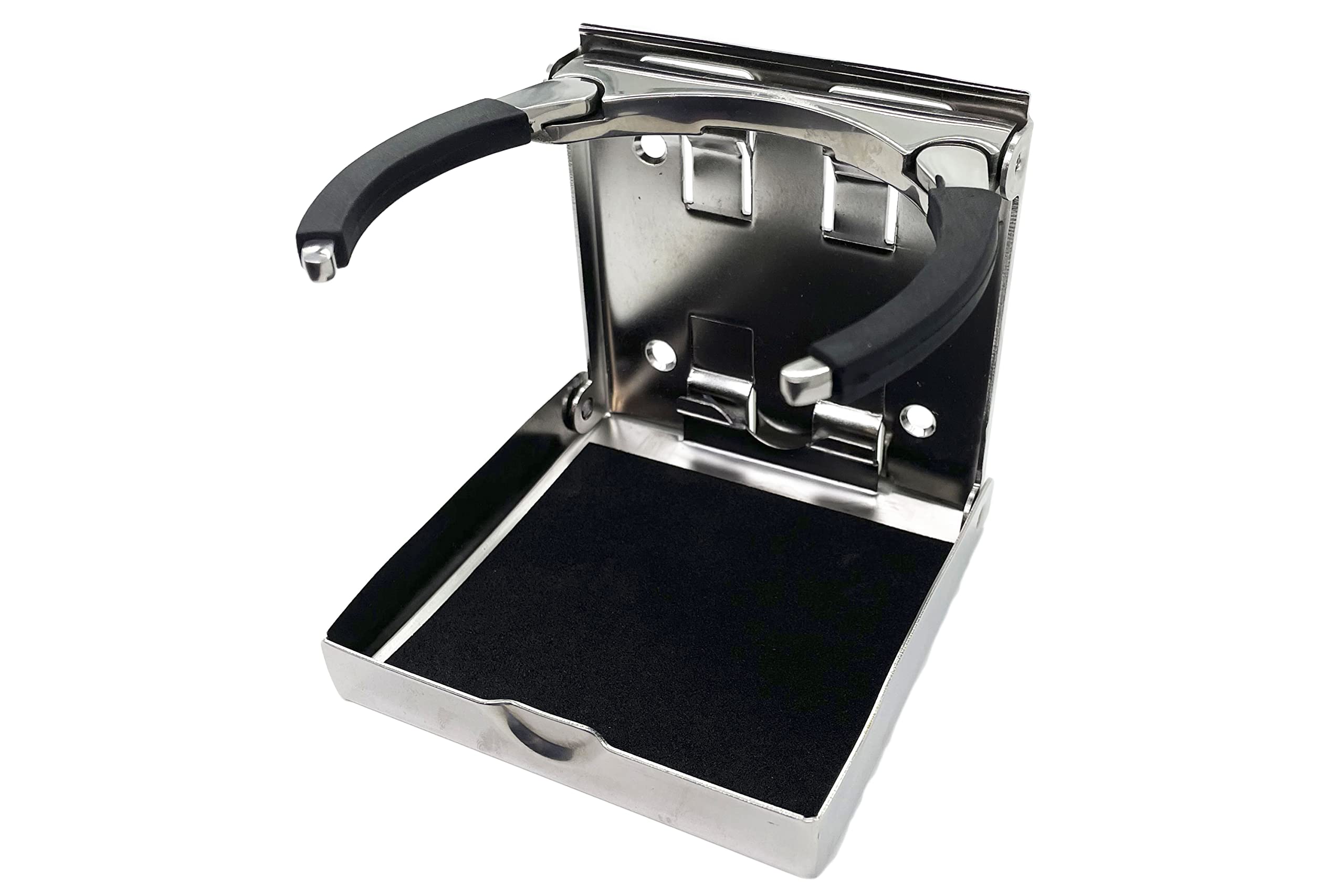 Stainless steel adjustable drink holder with foam-lined bottom and rubber grip arms.