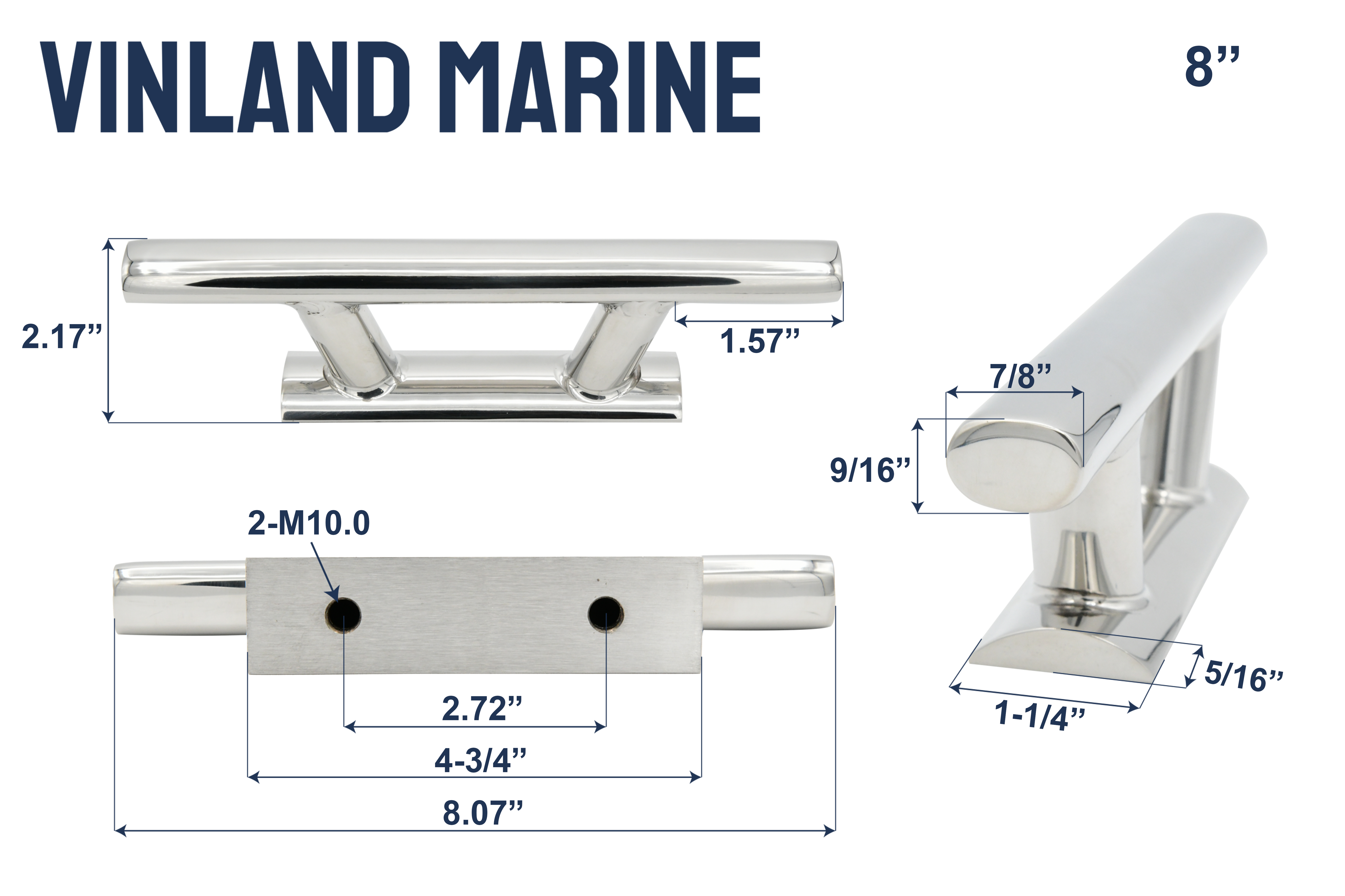 316 Stainless Steel Arc Flat Base Heavy Duty Cleat 8", 10.4", 12.2"