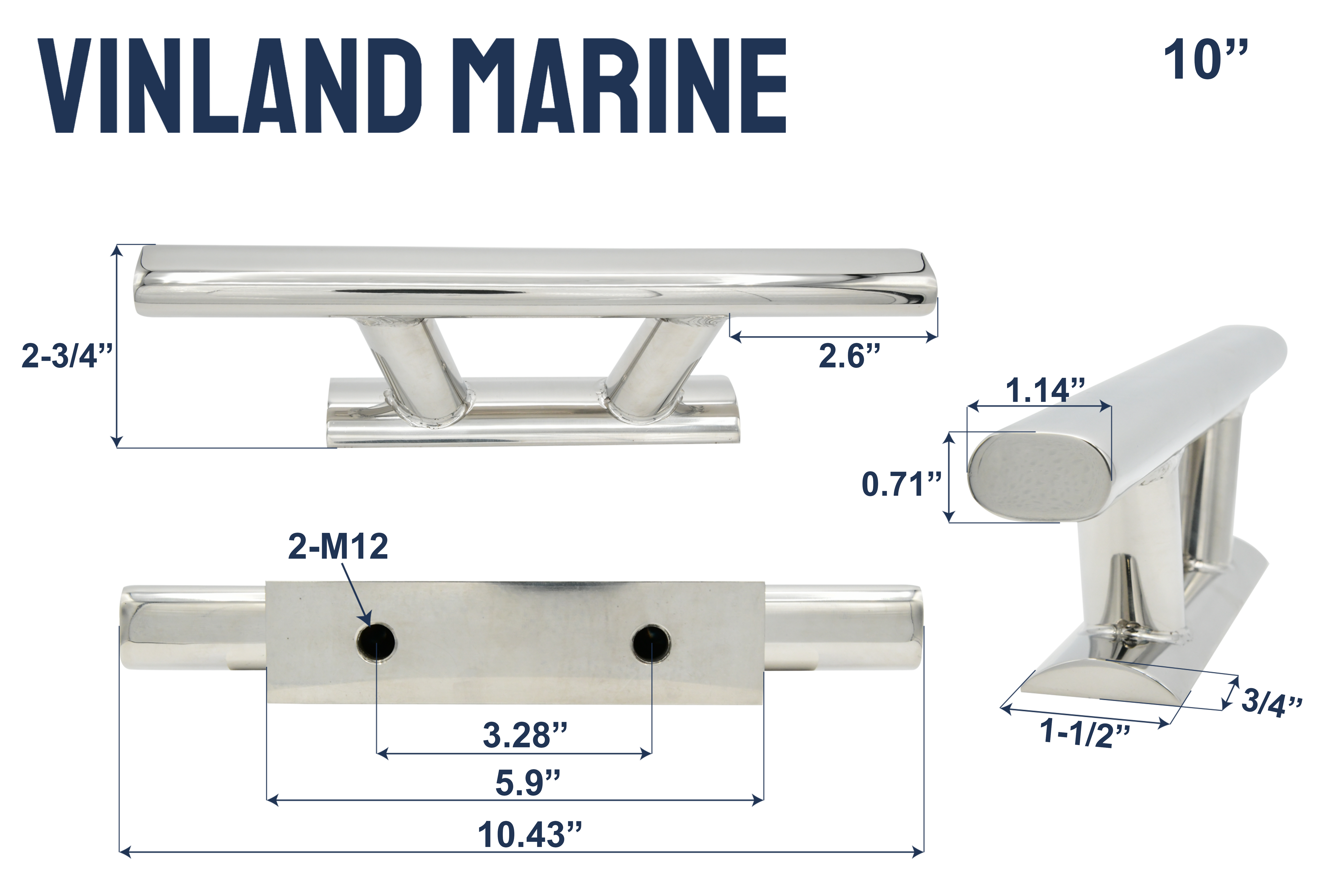 316 Stainless Steel Arc Flat Base Heavy Duty Cleat 8", 10.4", 12.2"