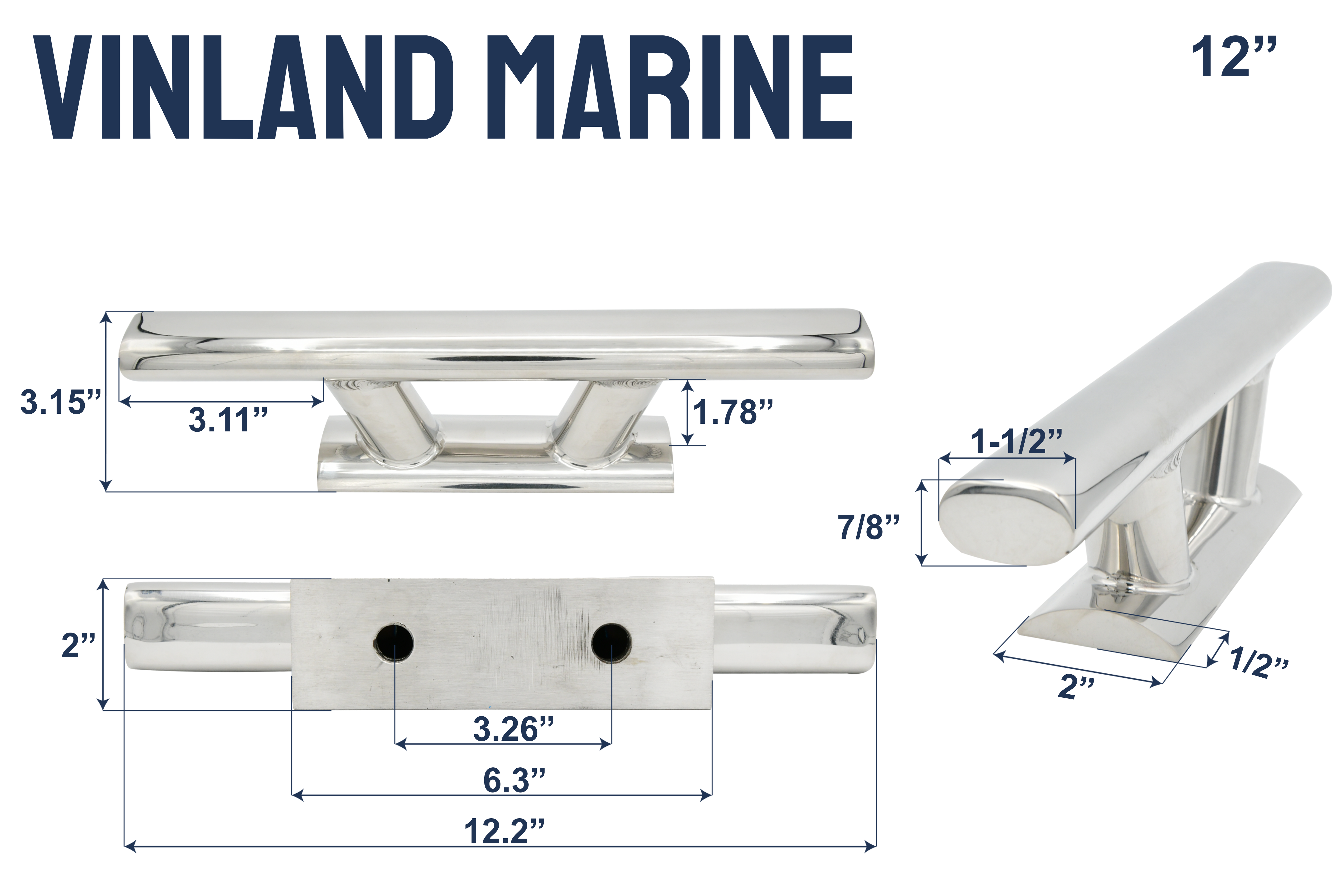 316 Stainless Steel Arc Flat Base Heavy Duty Cleat 8", 10.4", 12.2"