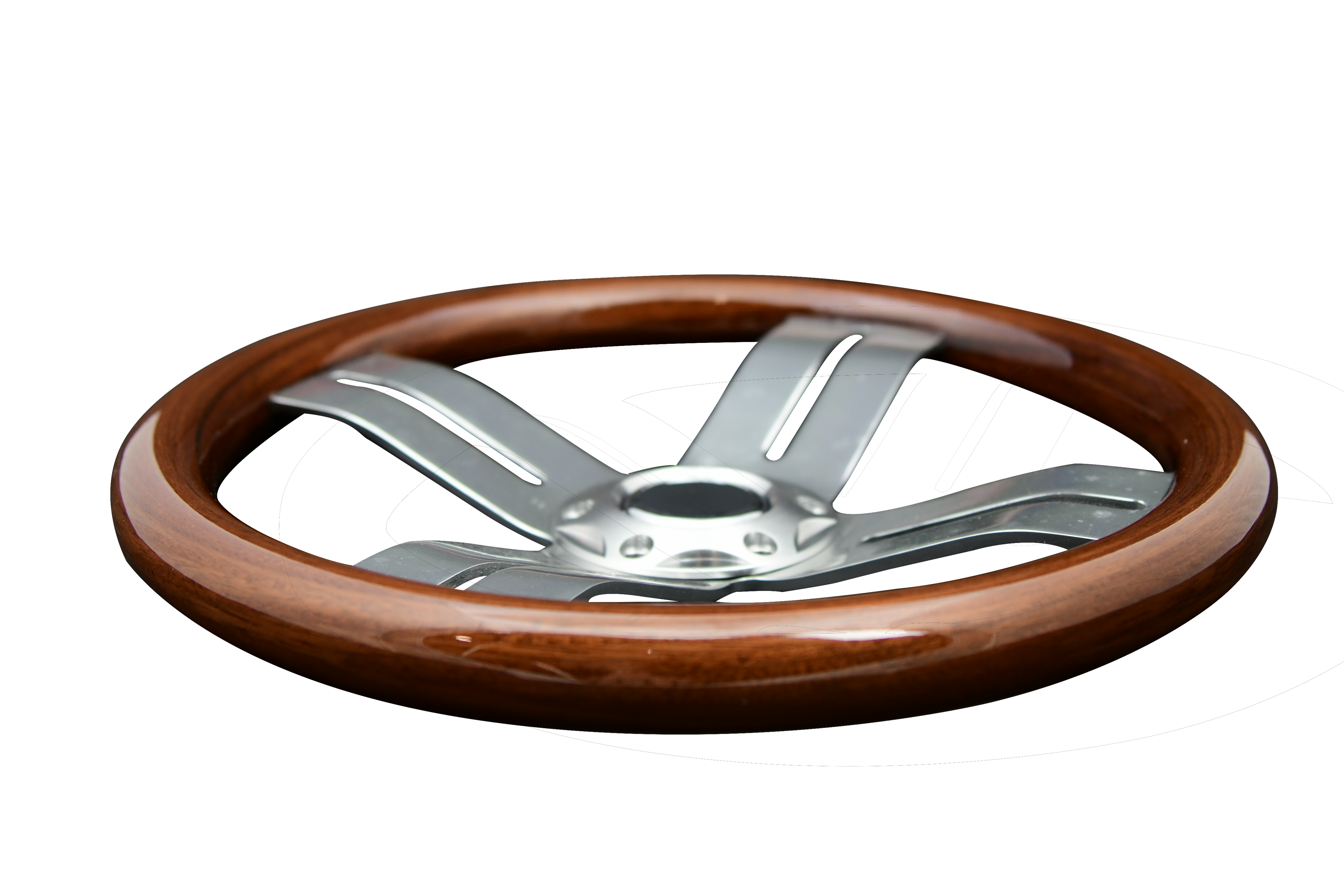 Classic Vintage 4-Spoke Okoume Wood Racing Boat Steering Wheel side view