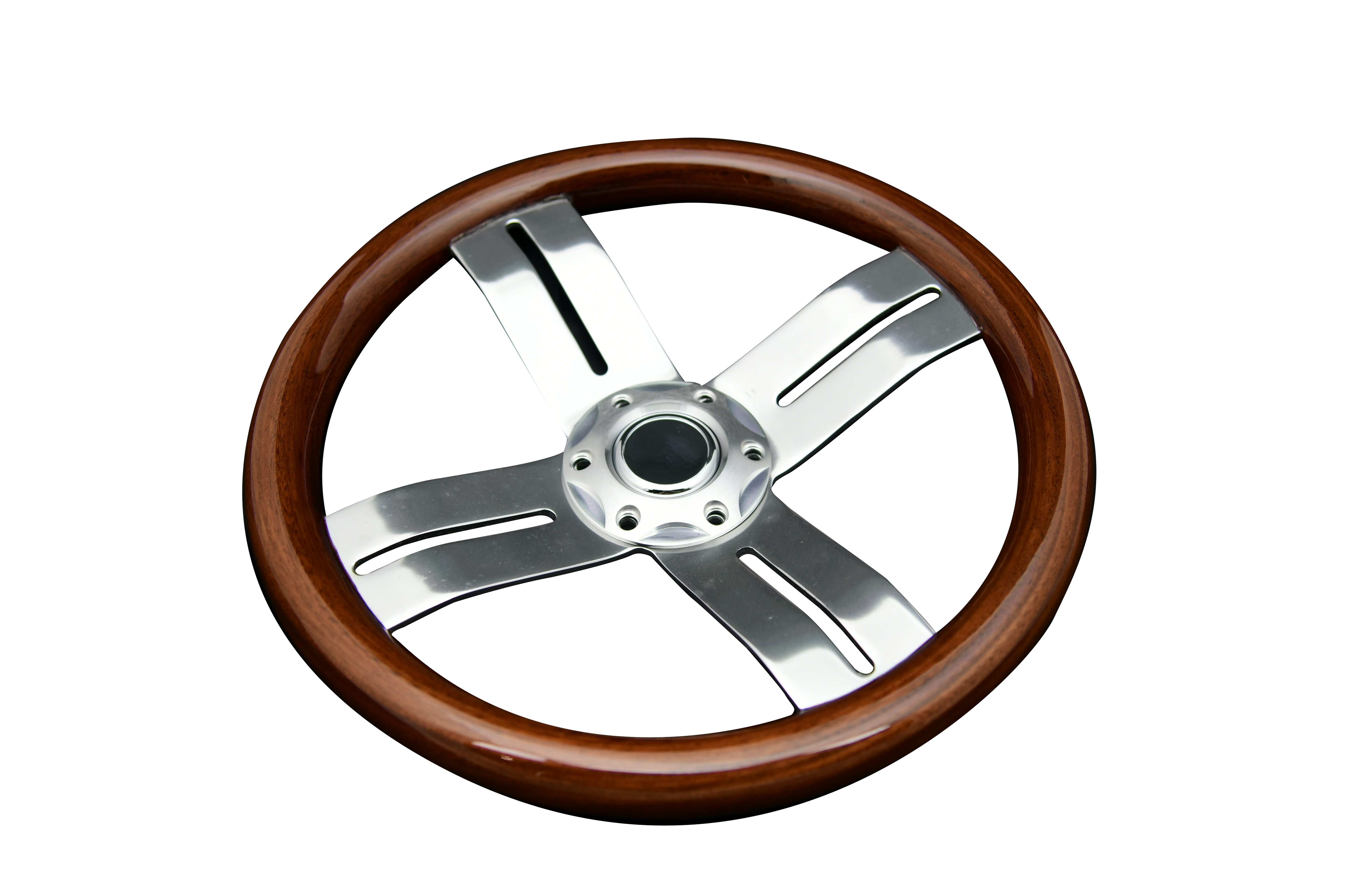 Classic Vintage 4-Spoke Okoume Wood Racing Boat Steering Wheel Top view